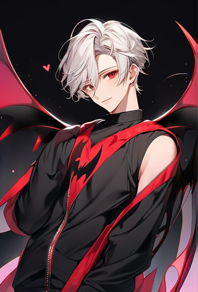 (arte anime, work of art, best qualityer, 4K, Icon), Tall and Very Handsome Elf Boy, Short White Hair, Stellar Red Eyes, Cute Bat Wings Behind the Back in Pink, Fitted Body Blouse with Sleeveless Roll Collar in Black with Red Outline Zipper from Top to Bottom, Black Heart Choker, Black Sweatshirt Over Loose Elbow Length, Red Glitch Distorted Reality Background, masculine, elf boy, handsome male, Hand Touching Cheek, sweet smile, highlight in the eyes, super verbose.