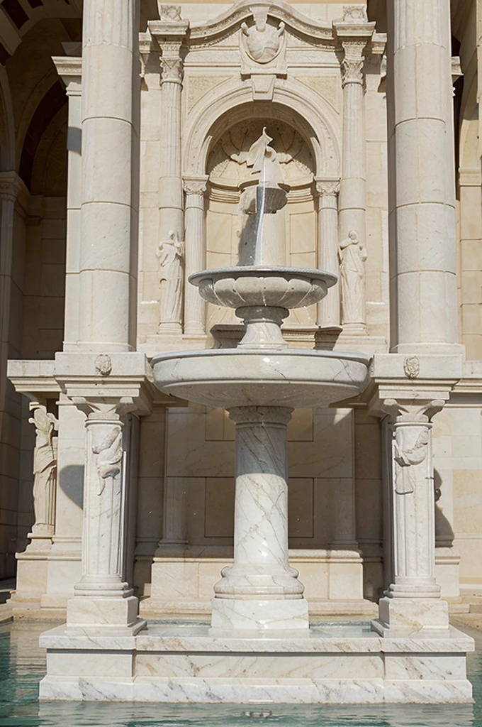 full image Front view of a water fountain, made of marble, Roman style, front view, high resolution, photorealistic, background: 100% white