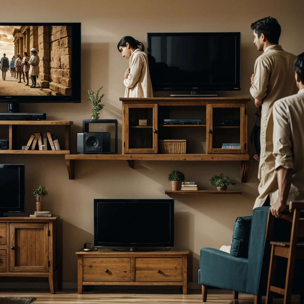 People from ancient times stand near the TV, watching the news.