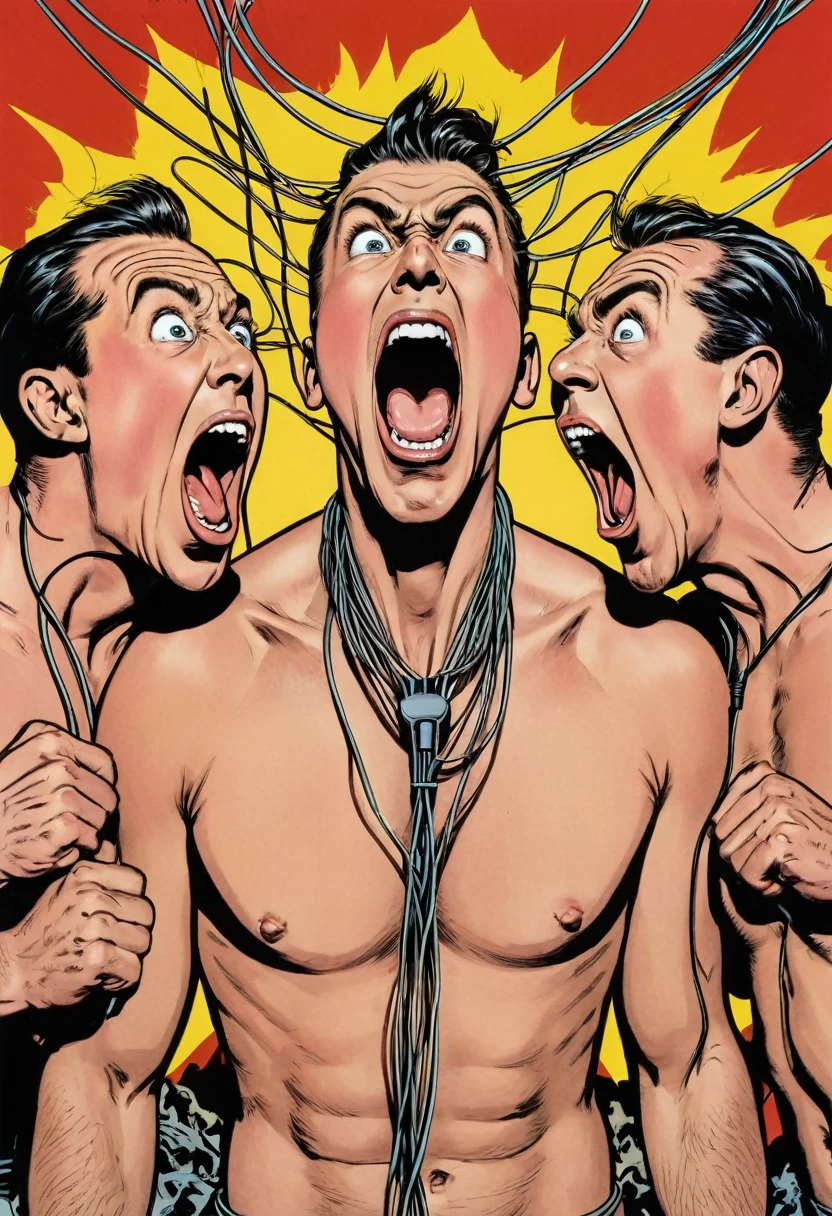 comic image of topless clothed group of three men screaming eyes wide open,mouth wide open and their scalp open and cerebrum is showing with wires leading to a big top hand