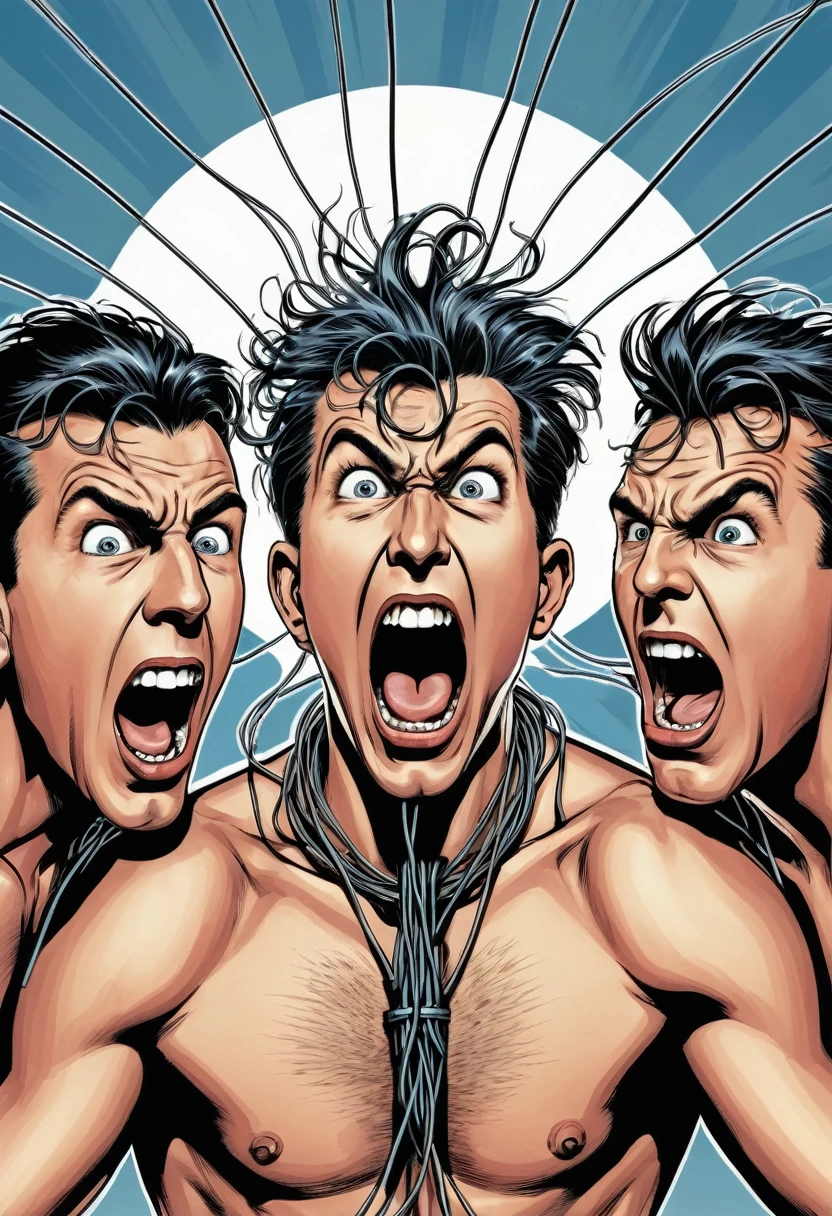 comic image of topless clothed group of three men screaming eyes wide open,mouth wide open and their scalp open and cerebrum is showing with wires leading to a big top hand