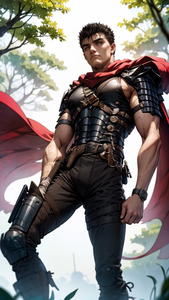 guts、anger、forest、Masterpiece、Highest quality、solo、Jet Black Armor、A red cape fluttering in the wind、male、Model pose