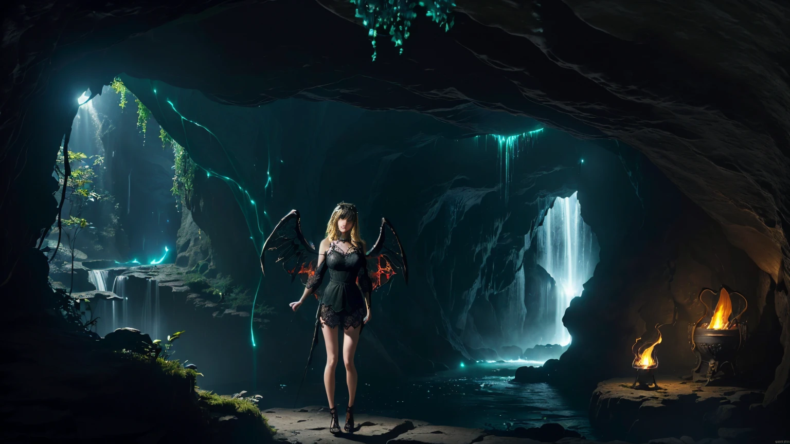 (8k resolution), (net wallpaper). (1 pretty girl:1.5), (1 fallen angel:1.5), perfect body, (2 big black wings:1.5), (blond hair), blue eyes, large gold hoop earrings, choker, charming smile. dressed in a (sumptuous black camisole:1.3) embroidered with (red lace:1.3). in a cave, girl standing in (magnificent waterfalls:1.3) of turquoise water, (luminescent green vegetation:1.3) on the walls of the cave. (cave lit by braziers:1.5), (darkness cave:1.5), (dark night:1.8)