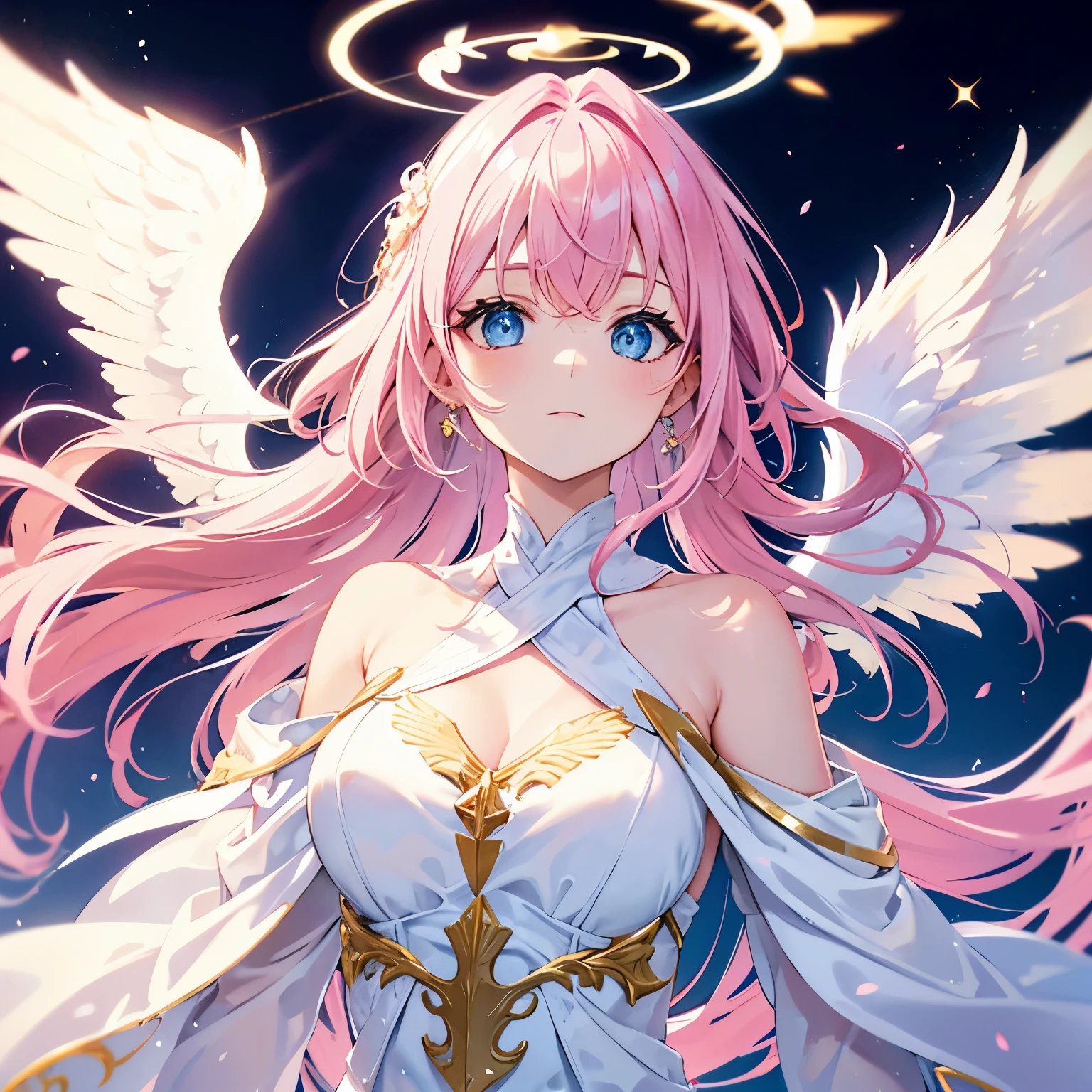 An angel woman, pink hair, blue eyes, golden halo above head, two large white wings on back, white robe.