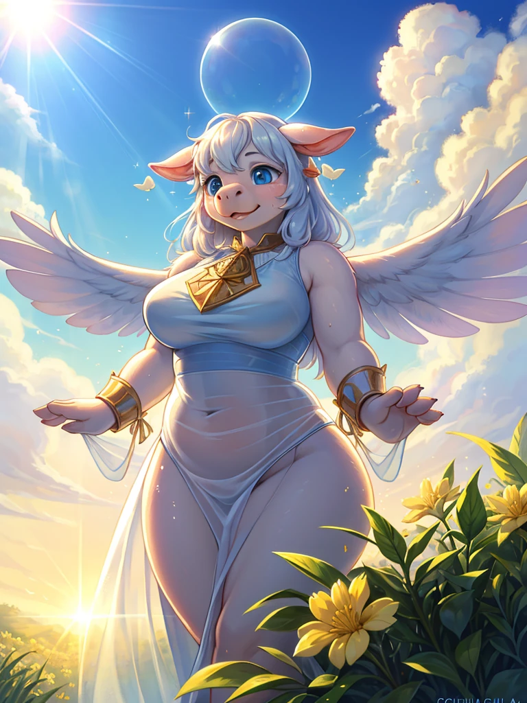 Columbia Pictures logo style , Hallucination , (ugly Sow) , (butterface) , relaxed Fluttering white thin huge 1fabric , halation , Strong sunlight , The fabric is see-through, so your skin is visible , Divine Light , morning dew