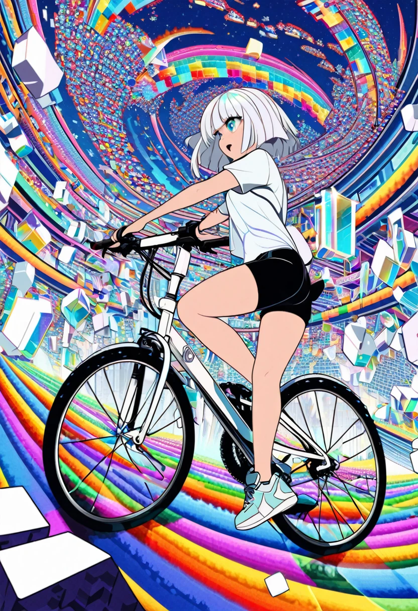 a girl rides a bicycle, in running shorts, short shorts, a room filled with lots of white cubes, a digital rendering, by Jon Coffelt, tumblr, cubo-futurism, iridescent fractal, cyber mushroom city, floating crystals, infinite quantum waves,