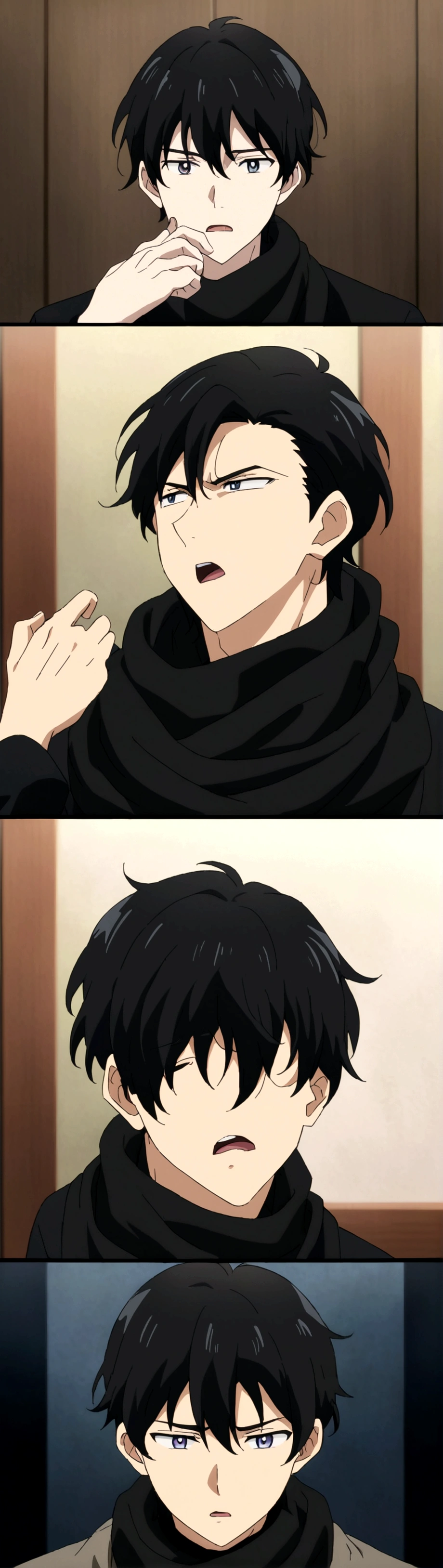 I want a man wearing a black scarf that reaches his jaw and the end of his mouth. Black hair that reaches his neck and wearing a black shirt with his hand turned to the left, anime style.