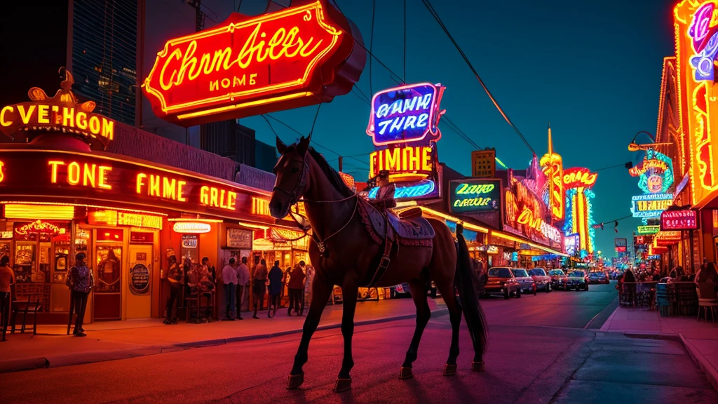 A vibrant night scene featuring classic neon signs in Las Vegas. The image showcases a neon cowboy on a horse, a sign for 'The Flame' steakhouse with a flaming arrow, and a vintage bellhop carrying drinks. The bright neon lights in various colors create a nostalgic and lively atmosphere of old Las Vegas.
