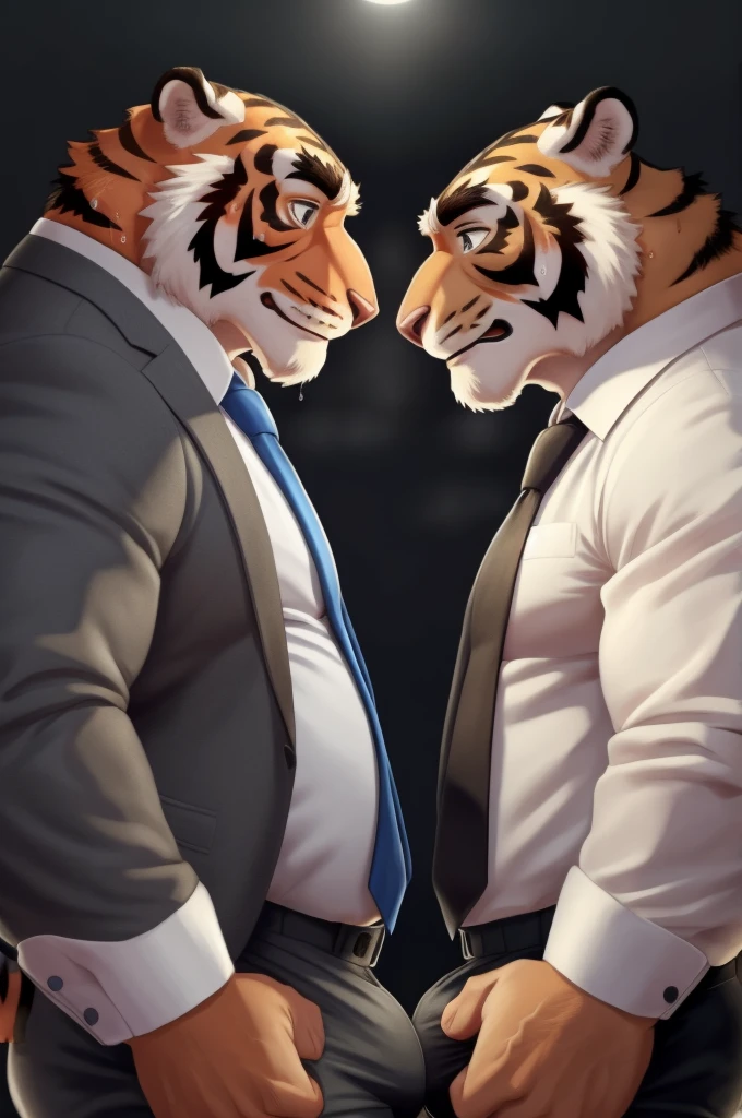 Author: bontiage, (2 boy), tiger, big bulge crotch, boner, Black pants, (sweat:1.6), long sleeve plain White shirt, Blue necktie, Men's Second, kemono, hot body, muscle, Beautiful, sexual, Attractive guy, (Detailed black eyes), brows, (masterpiece, A high resolution, Best quality), 4K, a male, Beautiful shadow, (red cheek:1.5), (Twins facing each other:1.5),front side, They both look exactly the same,  They're both wearing the exact same clothes