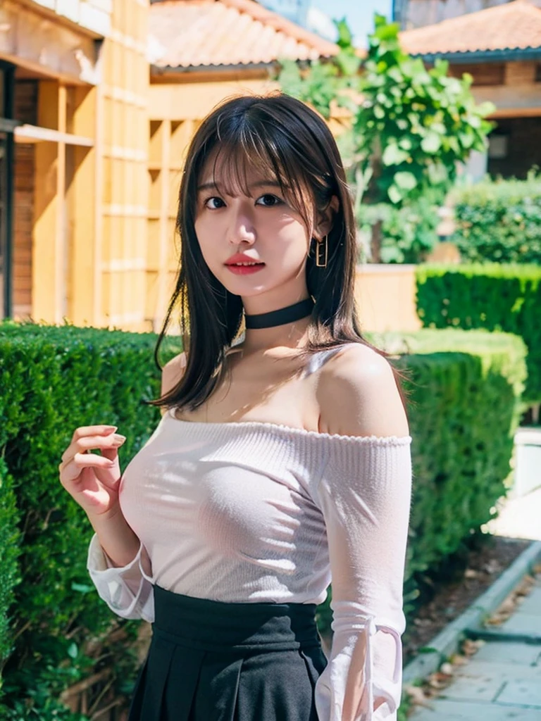 best quality, ultra high res, (photorealistic:1.4), 1girl, off-shoulder white shirt, black tight skirt, black choker, (faded ash gray hair:1), looking at viewer, Cleavage、tits