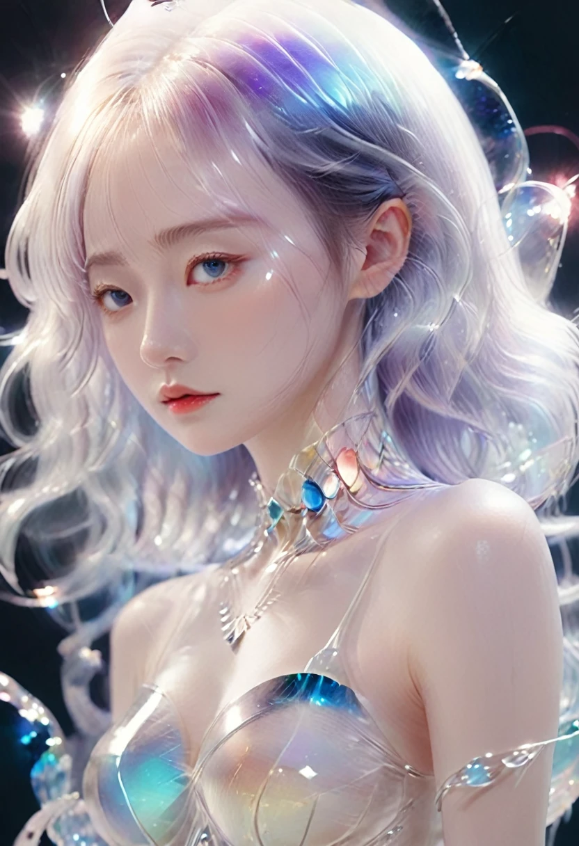Painting of a beautiful young woman,jewelry,Mysterious Waves. 3d. white,shallow. The beauty of the fusion of the universe. Surrealism in Nebula Reflections. glass texture,translucent,crystal