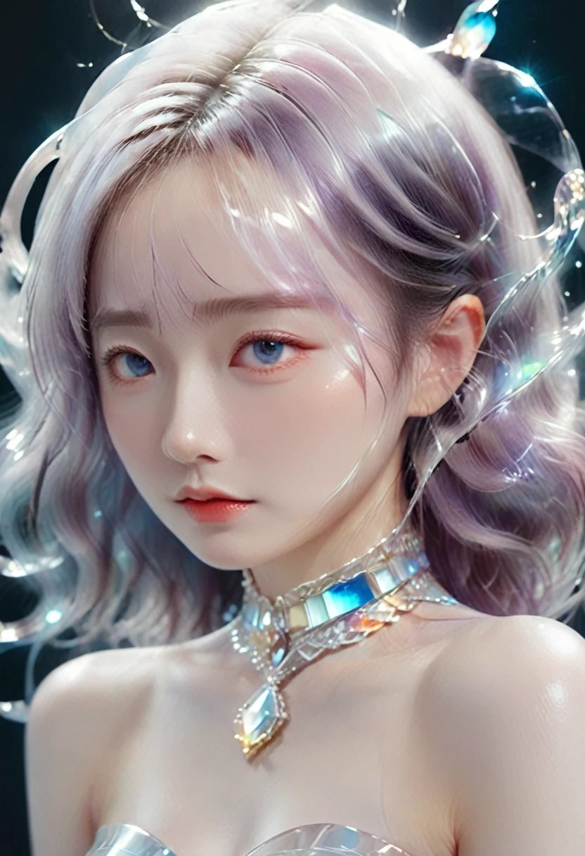 Painting of a beautiful young woman,jewelry,Mysterious Waves. 3d. white,shallow. The beauty of the fusion of the universe. Surrealism in Nebula Reflections. glass texture,translucent,crystal