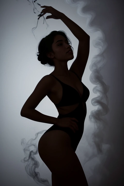 A captivating photorealistic image of an upright wooden match with a wispy, smoke-like trail. The smoke forms an elegant, abstract silhouette resembling a graceful female figure, bending in a dance-like pose. Set against a black background, the image creates a striking contrast, highlighting the delicate beauty of the smoke and the simplicity of the match. The overall atmosphere evokes a sense of mystery and enchantment.