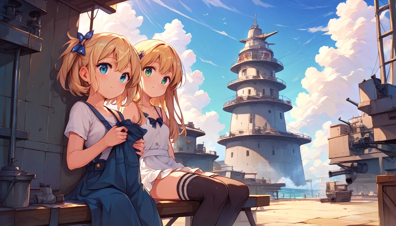 ((2girls:1.3)), ((moe style:1.3)), battleship deck, cannons, ((perfect face)), ((extremely cute:1.3)), ((masterpiece:1.3)), ((8k)), ((best quality:1.3)), ((beautiful)), ((extremely detailed:1.3)) , ((absurdres)), AddXL, ((score_9:1.3)), ((score_8_up:1.3)), ((score_7_up:1.3))