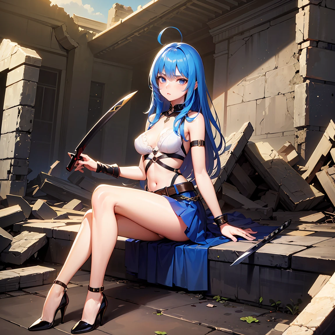 ( high quality , Very detailed, Accurate hands),One person,,Blue Hair,Long Hair,Female Swordsman,Revealing clothing,Waist belt,Without skirt,No underwear,High heels,Serious face,Inside the ruins,