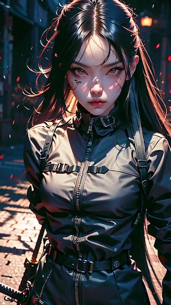a female ninja, detailed facial features, long black hair, ninja outfit, katana sword, stealthy pose, dark moody atmosphere, cinematic lighting, dramatic shadows, hyper detailed, 4k, masterpiece, photorealistic