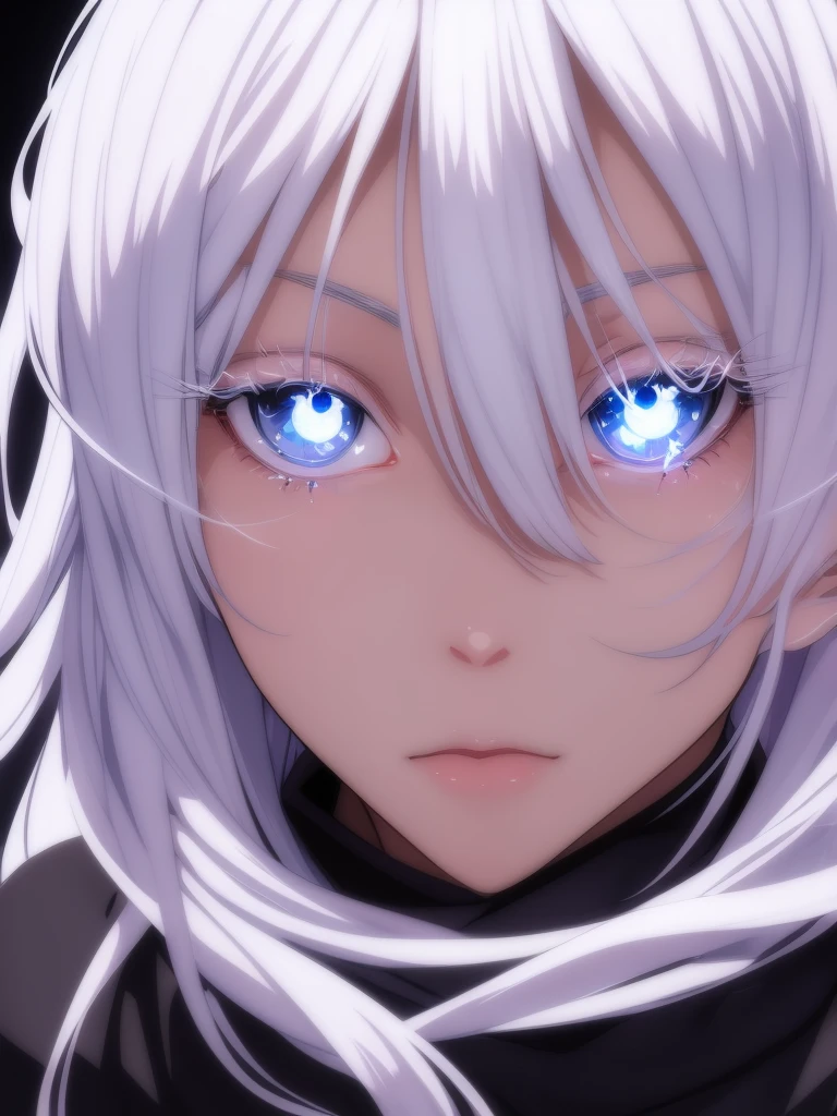 Woman, age 18, white hiar, long hair, white eyebrows, white eyelash, white eyelashes, detailed eyes, glowing eyes, light blue eye, galaxy eyes, wearing black shirt, facing front, front pose, high quality, 4k resolution