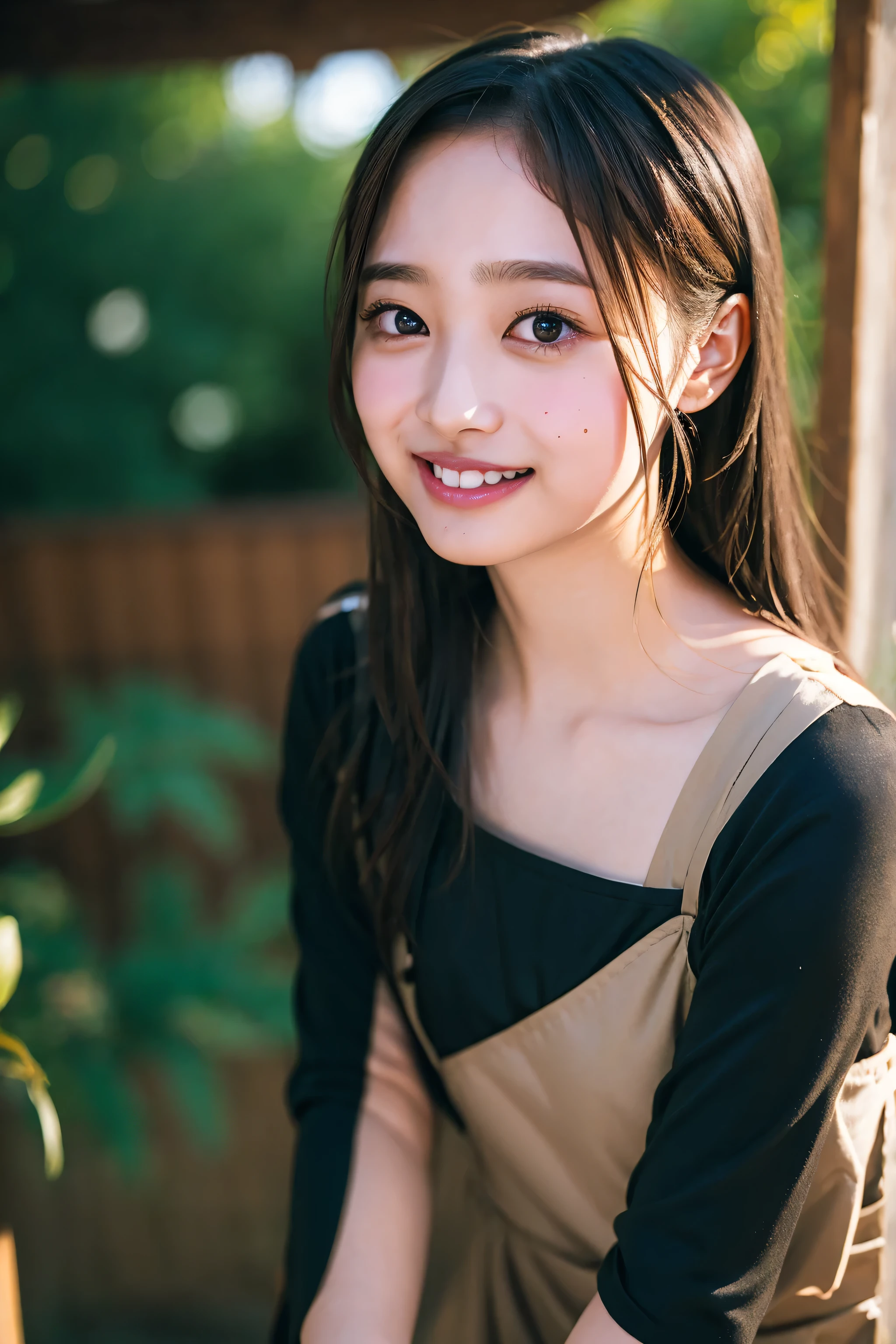 Ultra-high resolution,big eyes,((brown eyes)),Japanese,(forehead),(a girl),(1 girl),((17 years old)),(cute),pretty,((facing at viewer)),arms behind back,grin,(((black clothes)))