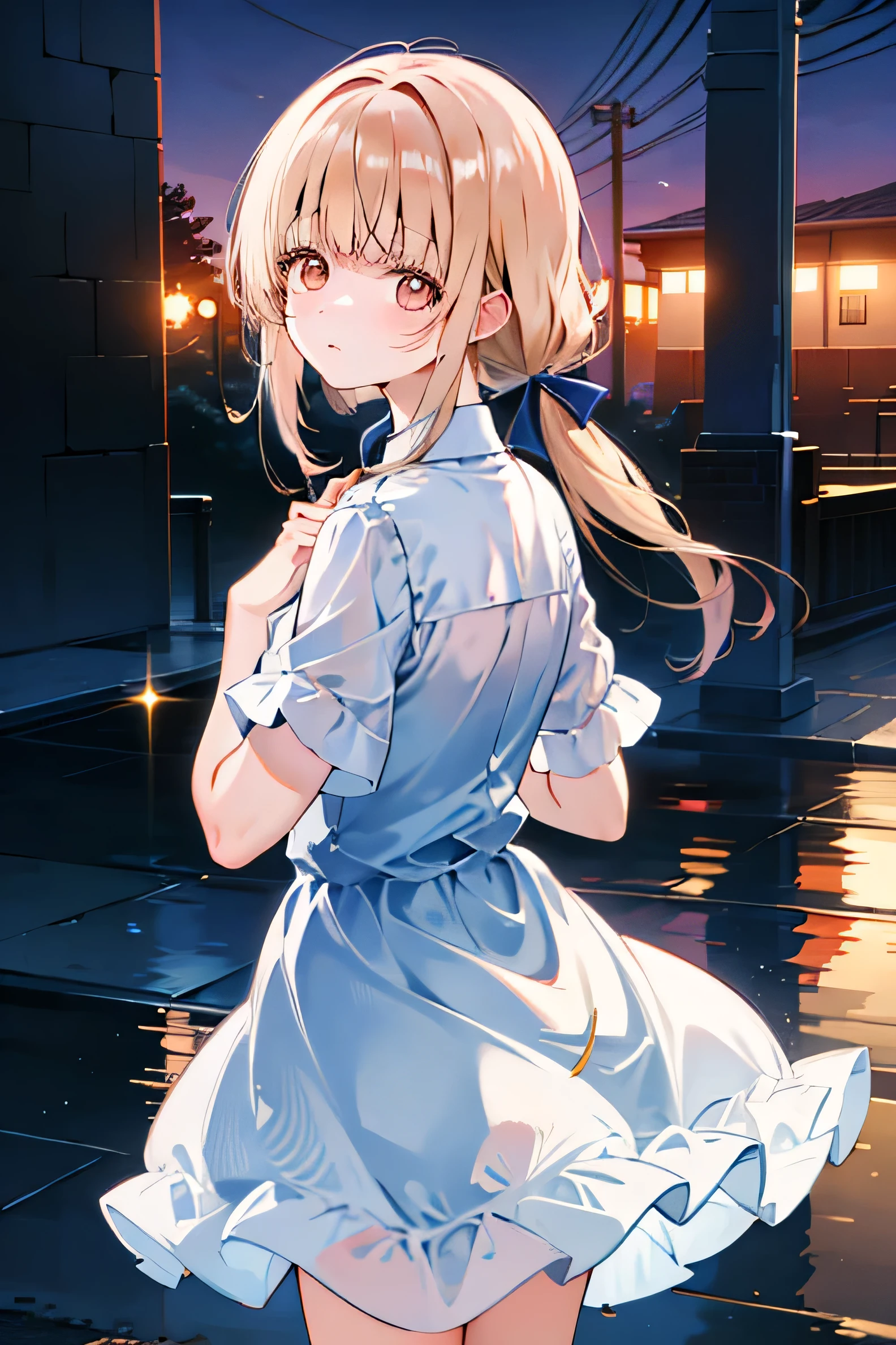 Masterpiece、Anime Coloring、Ultra fine、8K、cowboy shot、look at viewer、shy、sparkle、closed mouth、, short sleeve shirt、See-through、arched back、Streetscape、in the night、rainy sky、holding a large umbrella