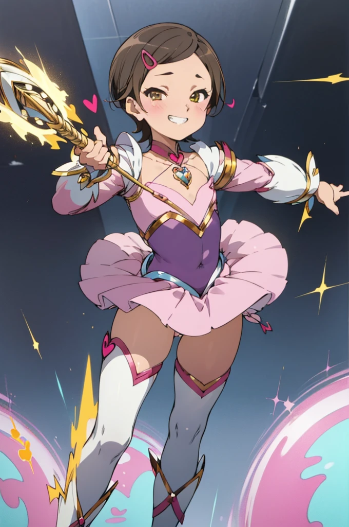 ,,(petite), 1girl, looking at viewer, , hazuki katou,,,, ,,,blush,(spoken heart),,flat chest,(evil smile,grin),(((magical girl costume))),miniskirt,thighhighs,,long sleeves,brooch,(nipple,panties),see through,(((Dynamic pose))),outdoor