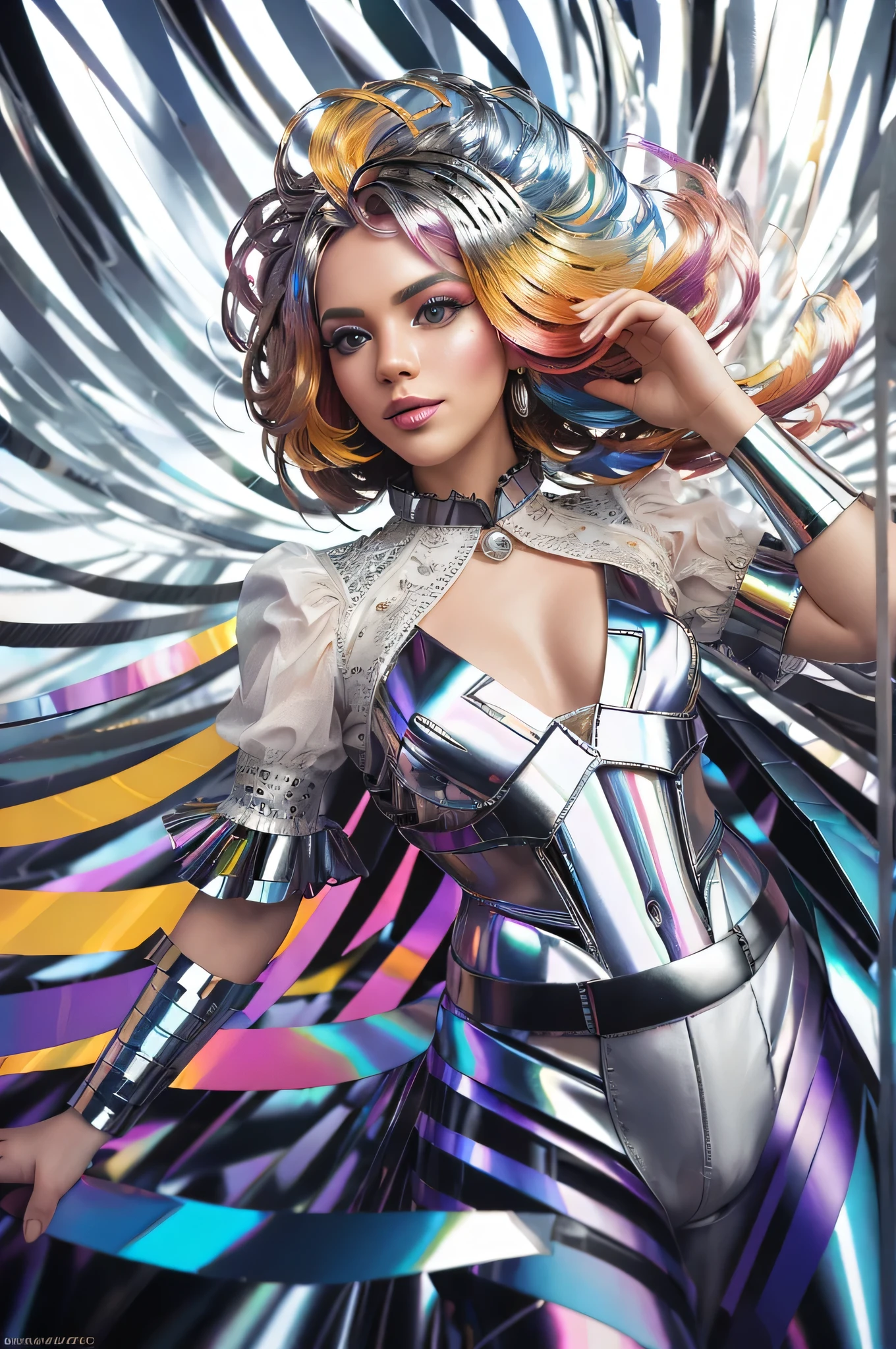 analog photo a (dynamic pose:1.2),(dynamic camera),(waist-length portrait European smile a woman with colorful hair and colorful makeup),posing for fashion,(look to camera),(wind floating hair),(intricate chrome strips volumetric abstract background:1.3), in the style of intimacy, dreamscape portraiture, solarization, shiny kitsch pop art, solarization effect, reflections and mirroring, photobash, (composition centering, conceptual photography), (natural colors, correct white balance, color correction, dehaze,clarity) ,detailed textures, photography, detailed photography,photoshadow, Fujifilm Superia Premium 400