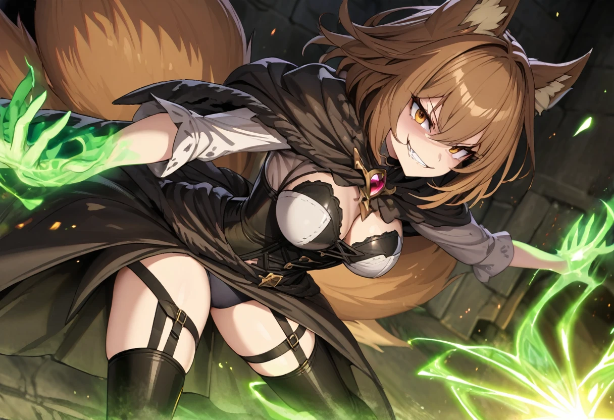 hand drawing, high detail, Kitsune sorceress as the end boss for a dungeon, using magic to attack the heroes, black leather corset, panties, stockings, garters, brown hair, brown eyes, evil smile, green magic, foxtail
