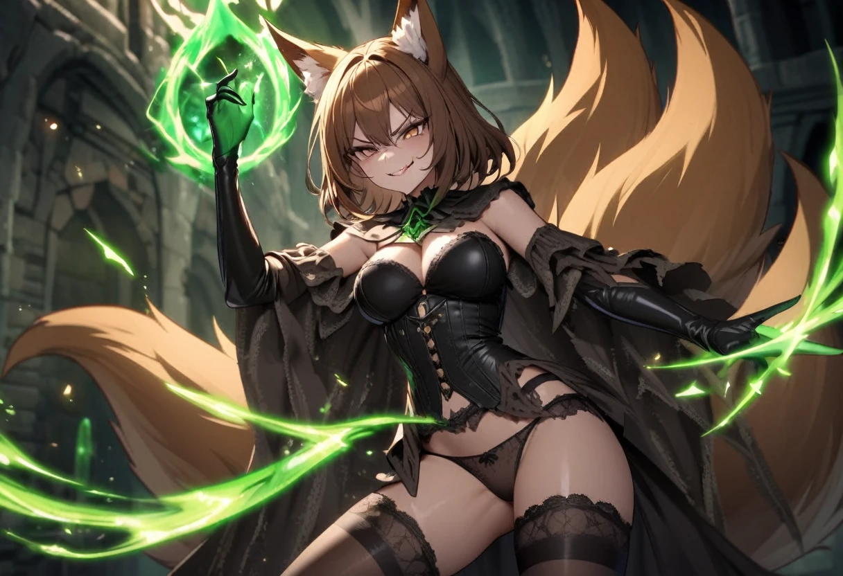 hand drawing, high detail, Kitsune sorceress as the end boss for a dungeon, using magic to attack the heroes, black leather corset, panties, stockings, garters, brown hair, brown eyes, evil smile, green magic, foxtail