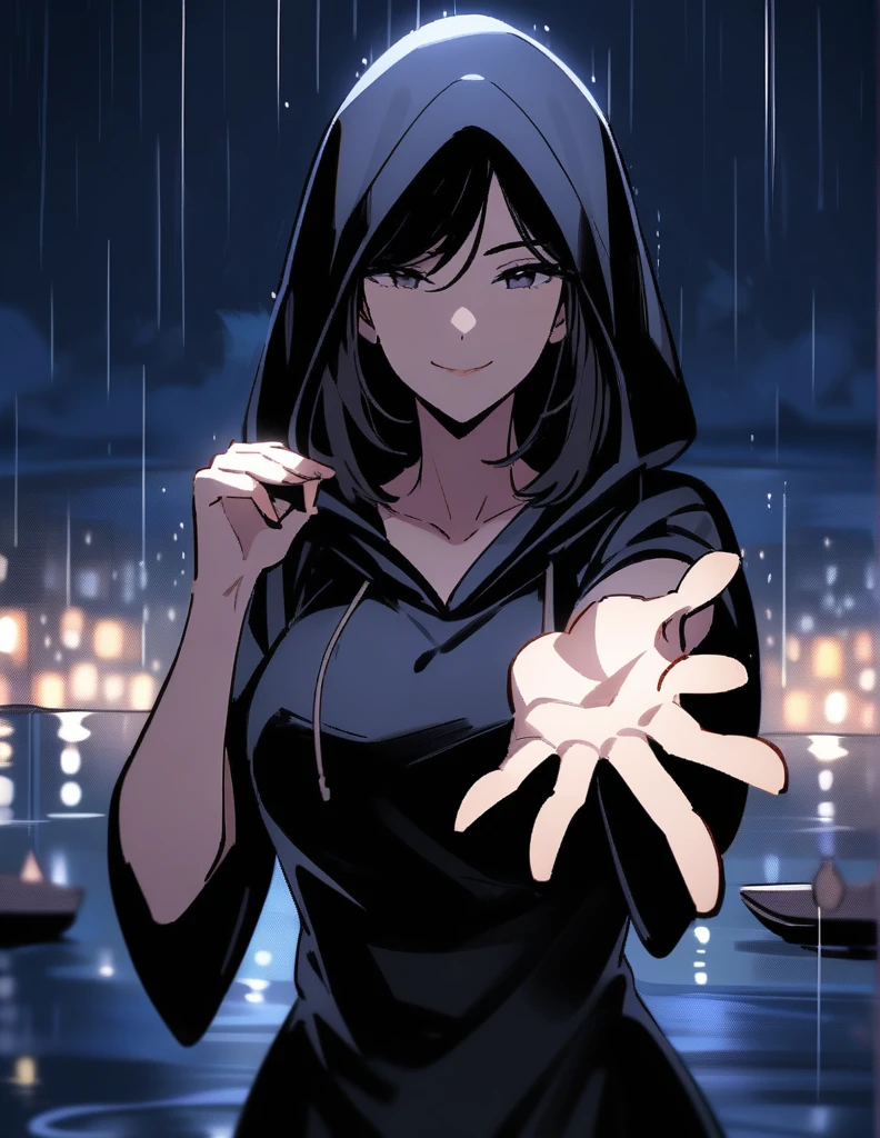 Mysterious Greek milf woman, wearing a hood in a long black tunic, short black hair, with her face covered showing only her mischievous smile, extending her hand while making a proposal, on a rainy night with the endless ocean in the background