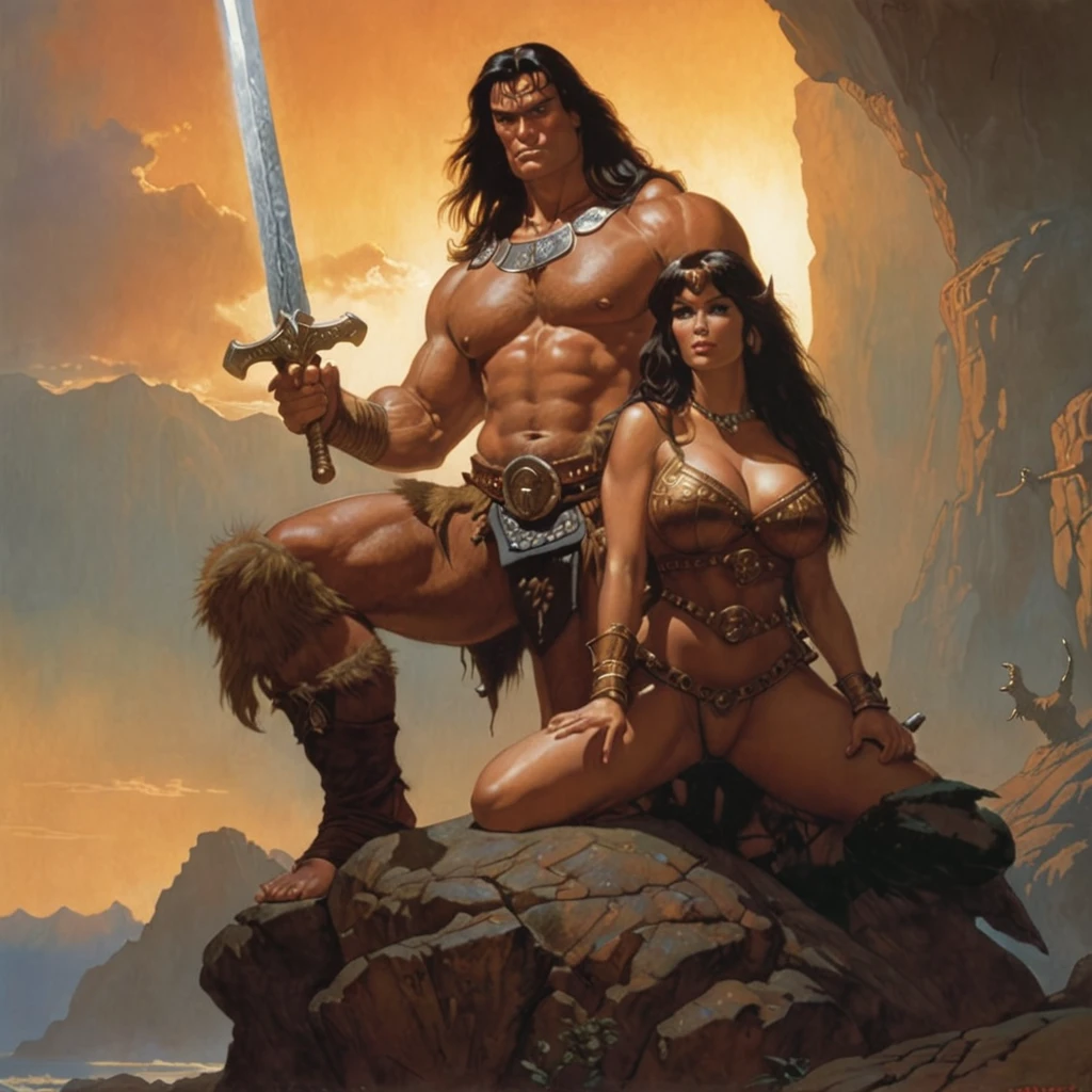 ((masterpiece)), ((best quality)), (ultra-detailed),aarafed image of man Conan and a sexy woman with her oversized huge big breast sitting on a rock with a sword, conan the barbarian illustration, GiganticbreastsXL ,(Gigantic breasts 1.8),greg hildebrandt highly detailed, Highly detailed faces,by Tim Hildebrandt, style of tim hildebrandt, by Greg Hildebrandt, mark brooks frank frazetta, by Tim and Greg Hildebrandt, tyler edlin fantasy art, by Jorge Jacinto, barbarian class, conan ,(oversized breasts 1.6)