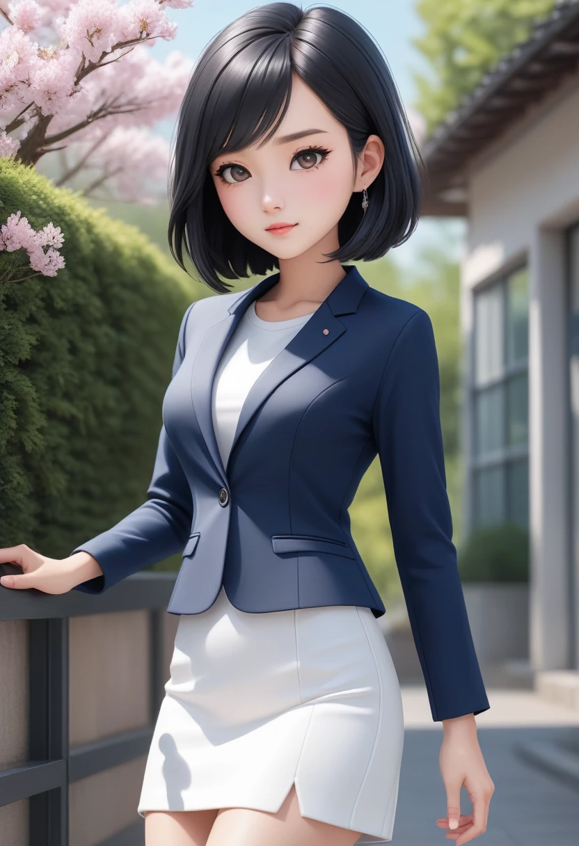 masterpiece, (best quality:1.2), (ultra-detailed:1.2), newest, rating:general, expressive eyes, perfect face, perfect hands, (((1girl, solo, full body))), BREAK, (pretty young woman, 163 cm. tall, black hair, bobcut hair, forehead, hairclip), BREAK, (white long sleeve jacket, gray t-shirt, navy-blue pencil skirt, white bottom edge skirt, pink socks, black-white platform sneakers), BREAK, (white long sleeve jacket, gray t-shirt, navy-blue pencil skirt, white bottom edge skirt, pink socks, black-white platform sneakers)), BREAK, carrying clear files, blushing, office room scenery, realistic