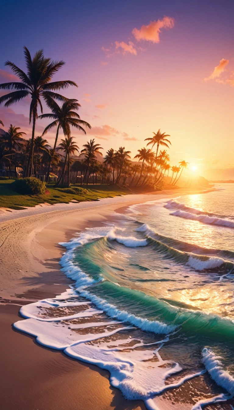 sea coast, palm trees, sand, sunset 8k