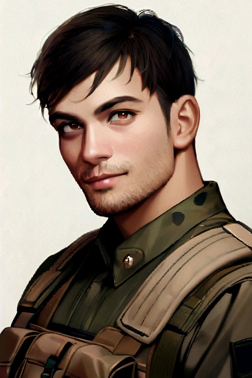 masterpiece, best quality, highres, realistic, 1boy, male focus, solo, realistic, camouflage, military, uniform, brown eyes, looking at viewer, facial hair, upper body, black hair, smile, shirt, grey background, stubble, simple background, brown hair, short hair
