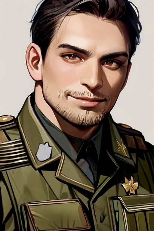 masterpiece, best quality, highres, realistic, 1boy, male focus, solo, realistic, camouflage, military, uniform, brown eyes, looking at viewer, facial hair, upper body, black hair, smile, shirt, grey background, stubble, simple background, brown hair, short hair