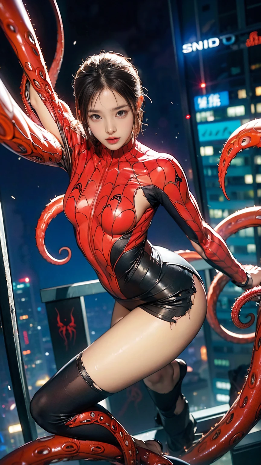 ((masterpiece)),(((最high quality))),thin太もも,Long legs,whole body:1.5,1 Girl,A woman wearing a spider girl costume fights、Childish face and appearance、Damaged by countless mechanical tentacles.,Gravure idol level cuteness,short hair that shows the forehead,Accurately drawn faces,Sweaty skin,thin,Anatomically correct,Perfect proportions,Accurate Fingers,Battle scenes with active poses and angles,mechanical tentacles wrap around your arm.,Spider girl costume that is very thin and fits the body,place々Clothes are torn and skin is visible.,countless mechanical tentacles,In a skyscraper at night,masterpiece,high quality,