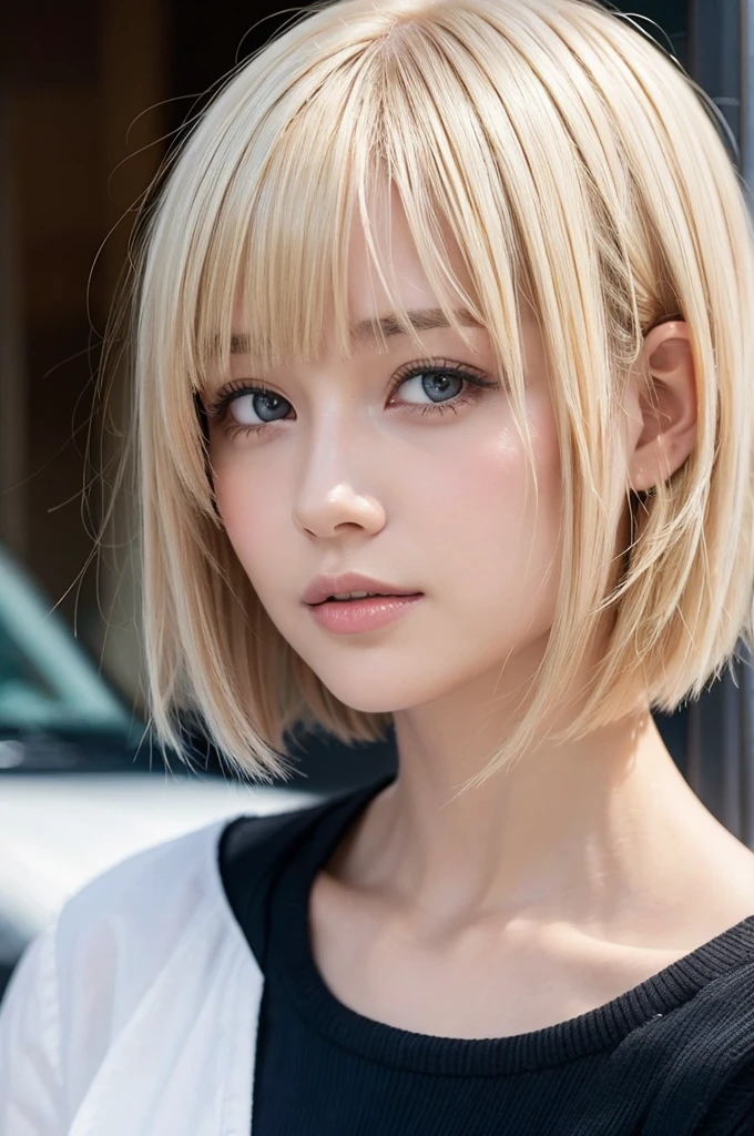 a close up of a woman with a Short blonde haircut, ブロンドのshortヘア, ミディアムshortヘア, Short blonde hair, Short blonde, Blonde bob haircut, Short blonde with bangs, short~Medium Hair, Shiny Bob Haircut, shortヘアスタイル, shortボブヘア, bleached ブロンドのshortヘア, Chin-length hair, short wavy blonde hair