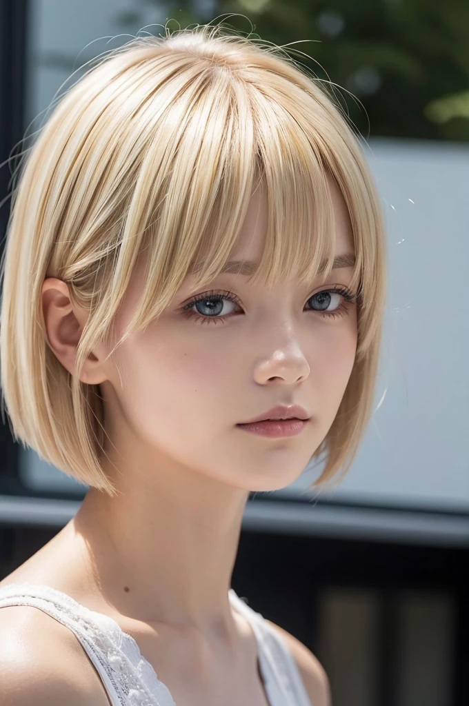 a close up of a woman with a Short blonde haircut, ブロンドのshortヘア, ミディアムshortヘア, Short blonde hair, Short blonde, Blonde bob haircut, Short blonde with bangs, short～Medium Hair, Shiny Bob Haircut, shortヘアスタイル, shortボブヘア, bleached ブロンドのshortヘア, Chin-length hair, short wavy blonde hair