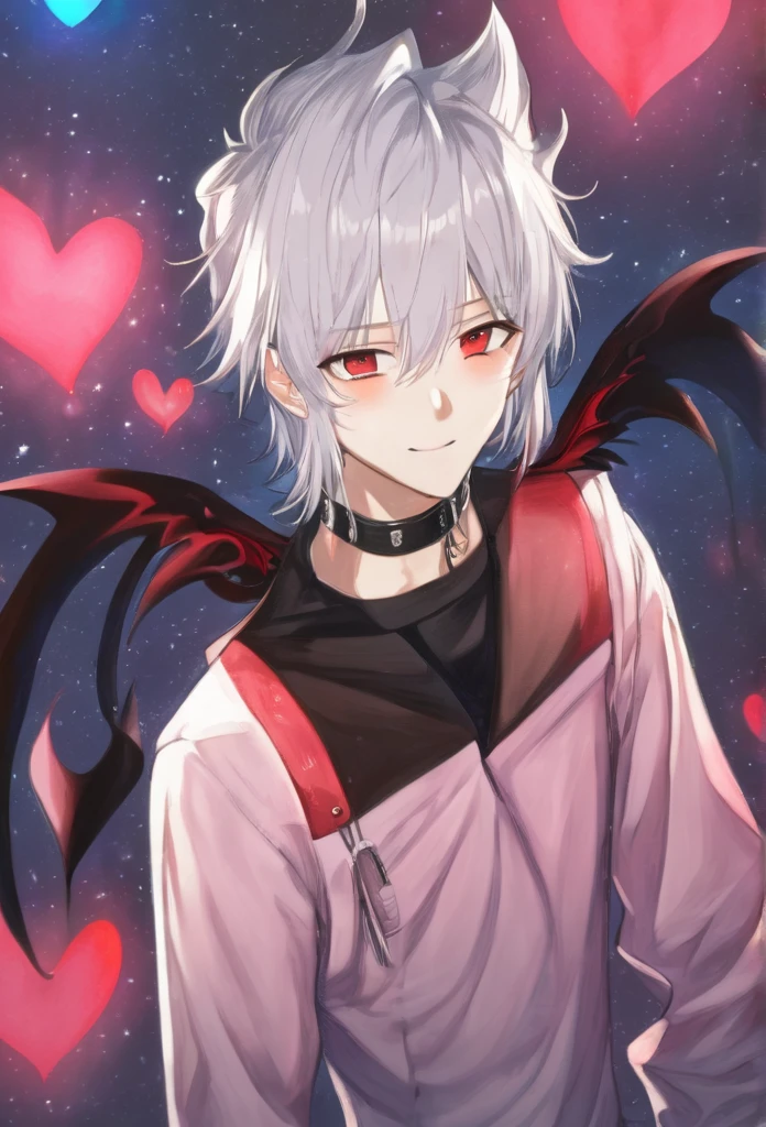 (arte anime, work of art, best qualityer, 4K, Icon), Tall and Very Handsome Elf Boy, Short White Hair, Stellar Red Eyes, Cute Bat Wings Behind the Back in Pink, Fitted Body Blouse with Sleeveless Roll Collar in Black with Red Outline Zipper from Top to Bottom, Black Heart Choker, Black Sweatshirt Over Loose Elbow Length, Red Glitch Distorted Reality Background, masculine, elf boy, handsome male, Hand Touching Cheek, sweet smile, highlight in the eyes, super verbose.