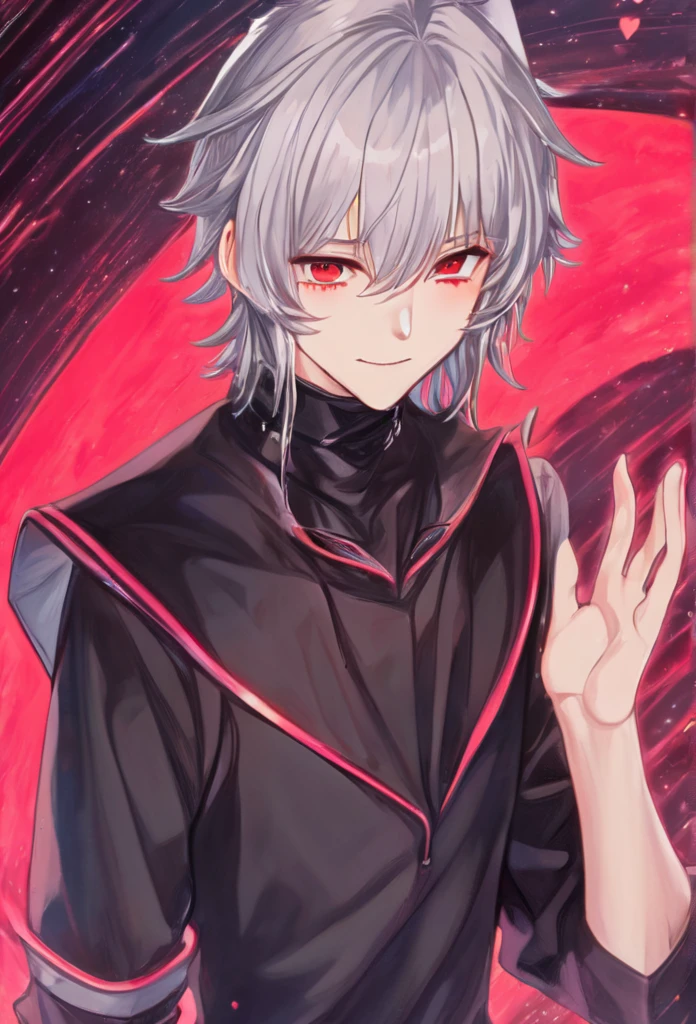 (arte anime, work of art, best qualityer, 4K, Icon), Tall and Very Handsome Elf Boy, Short White Hair, Stellar Red Eyes, Cute Bat Wings Behind the Back in Pink, Fitted Body Blouse with Sleeveless Roll Collar in Black with Red Outline Zipper from Top to Bottom, Black Heart Choker, Black Sweatshirt Over Loose Elbow Length, Red Glitch Distorted Reality Background, masculine, elf boy, handsome male, Hand Touching Cheek, sweet smile, highlight in the eyes, super verbose.