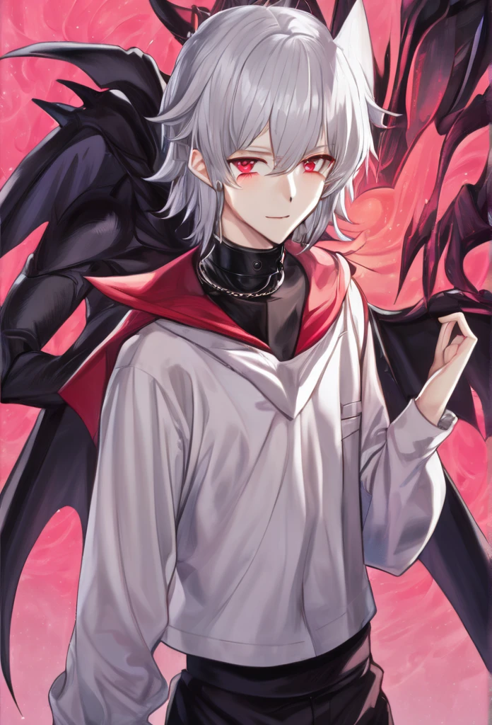 (arte anime, work of art, best qualityer, 4K, Icon), Tall and Very Handsome Elf Boy, Short White Hair, Stellar Red Eyes, Cute Bat Wings Behind the Back in Pink, Fitted Body Blouse with Sleeveless Roll Collar in Black with Red Outline Zipper from Top to Bottom, Black Heart Choker, Black Sweatshirt Over Loose Elbow Length, Red Glitch Distorted Reality Background, masculine, elf boy, handsome male, Hand Touching Cheek, sweet smile, highlight in the eyes, super verbose.