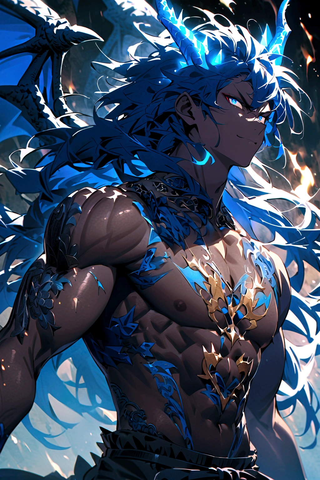  boy, spiky hair, long hair, bright blue hair, shining blue eyes, serious face, Simple smile, dark blue skin, muscular chest, blue horns, Dragon Wings, tattoos on the body, electric aura