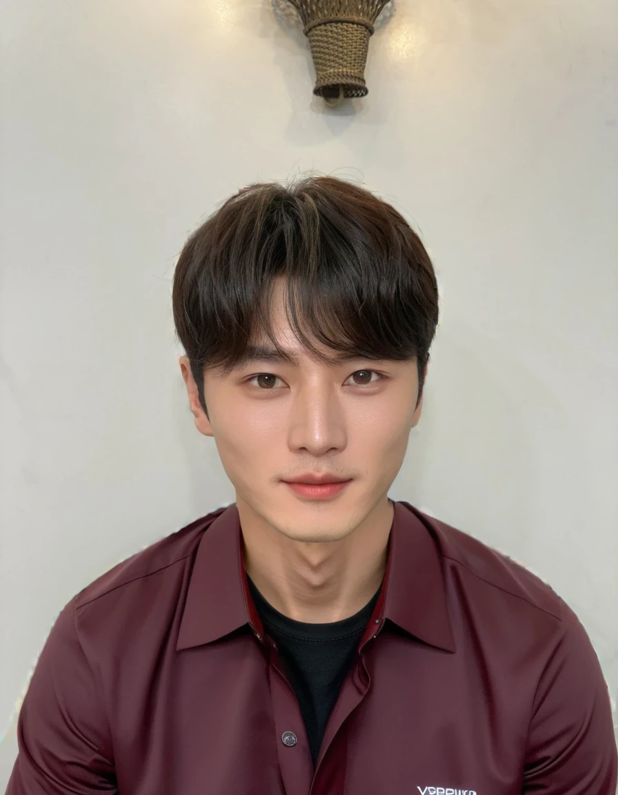 Best Quality, 8k, Masterpiece, (Portrait: 1.3), (photo realistic:1.4), (hyper realistic:1.4), Sharp Focus, looking at viewer, (smoother lighting:1.1), (increase cinematic lighting quality:0.9), realistic lighting, backlighting, light on face, ray trace, (brightening light:1.2), (Increase quality:1.4), sharp detail, (best quality real texture skin:1.4), finely detailed eyes, black_eyes, finely detailed face, 25 year old Korean man, (white formal_shirt:1.4), (Create an image maintaining the original base model hairstyle:1.5)
