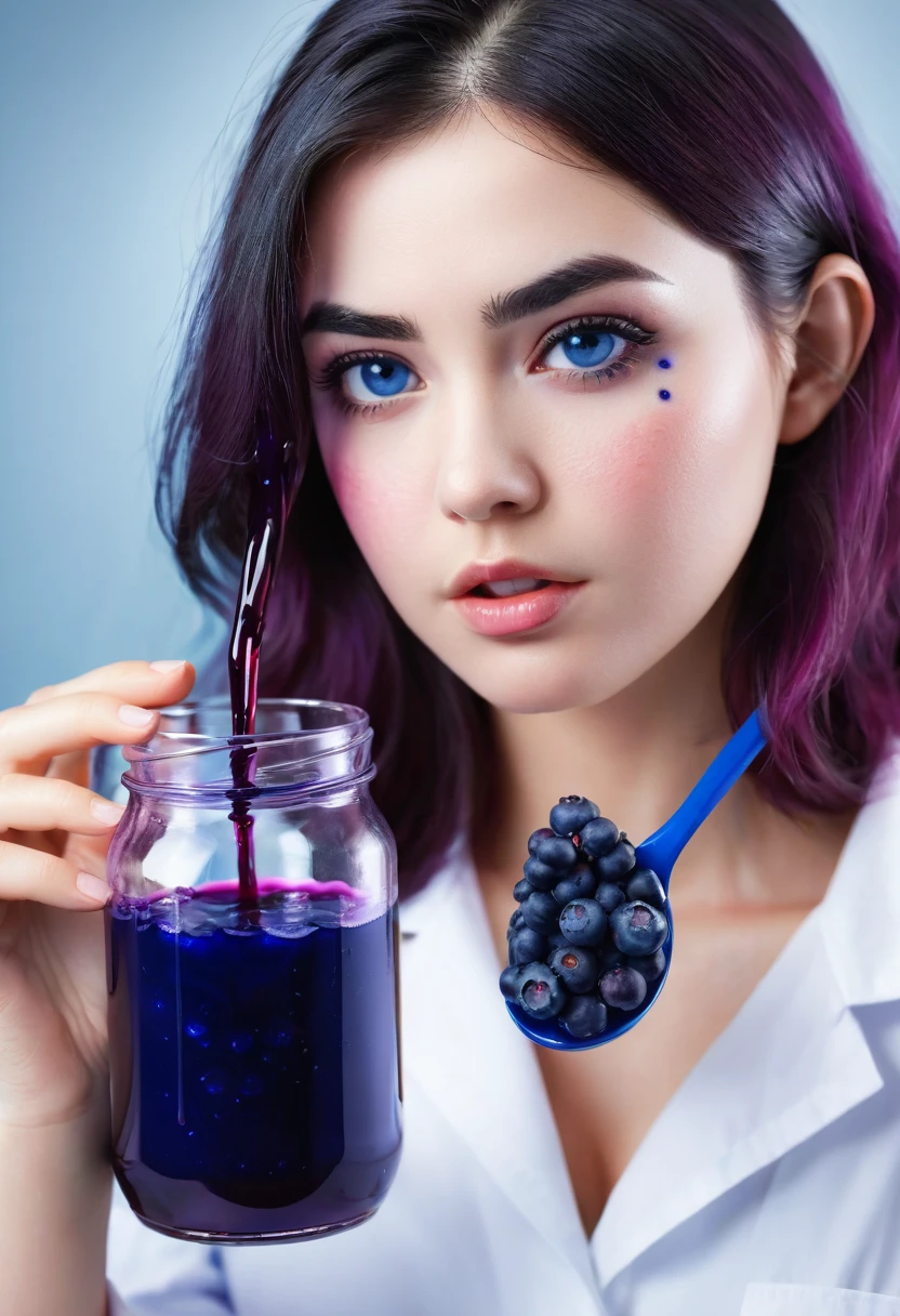 A female scientist had a mishap with her powerful blueberry serum and she is swelling into a large blueberry as a result her body is filled up with blueberry juice and her skin is turning blue