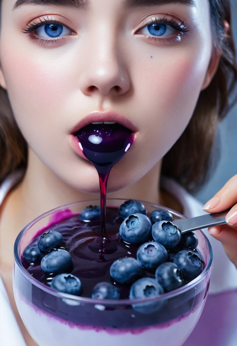 A female scientist had a mishap with her powerful blueberry serum and she is swelling into a large blueberry as a result her body is filled up with blueberry juice and her skin is turning blue