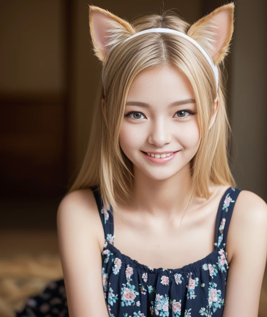 ((highest quality、Masterpiece、High resolution))、(((Zoom photo of upper body))、(A shy smile:1.2)、Light shines in、One 15-year-old female、Beautiful Skin、Beautiful Eyes、Cat ears headband、one piece、Blonde Hair
