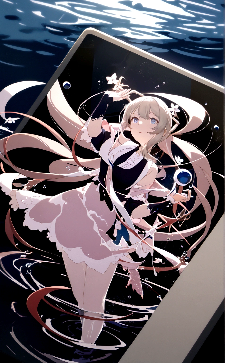 Anime-style female character in water, (long white hair:1.2), (gentle expression:1.1), blue eyes, (rippling water effect around body:1.3), sunlight reflecting on water, clear sky, subtle water splashes, high-resolution digital art, soft color palette, tranquil atmosphere, (serene ocean background:1.1), realistic water texture
