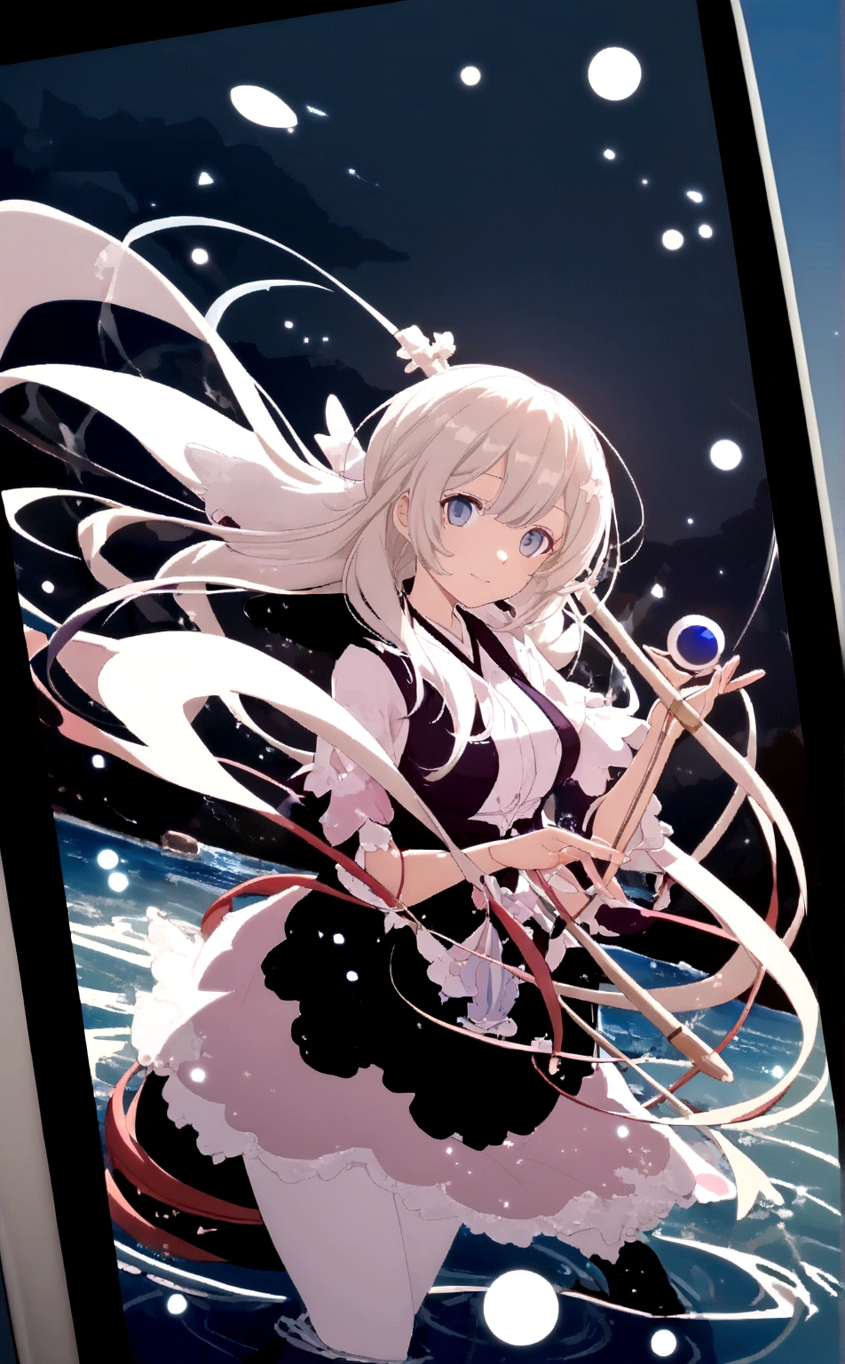 Anime-style female character in water, (long white hair:1.2), (gentle expression:1.1), blue eyes, (rippling water effect around body:1.3), sunlight reflecting on water, clear sky, subtle water splashes, high-resolution digital art, soft color palette, tranquil atmosphere, (serene ocean background:1.1), realistic water texture