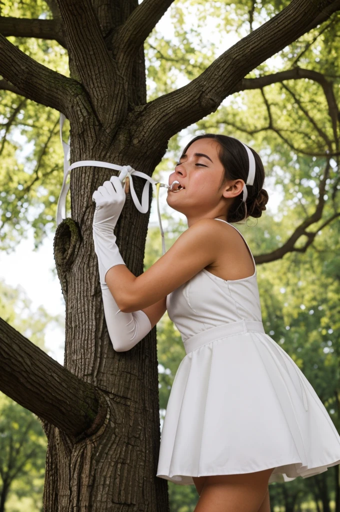 A girl in a white dress and gloves tied to a tree with a gag in her mouth is exhausted and crying