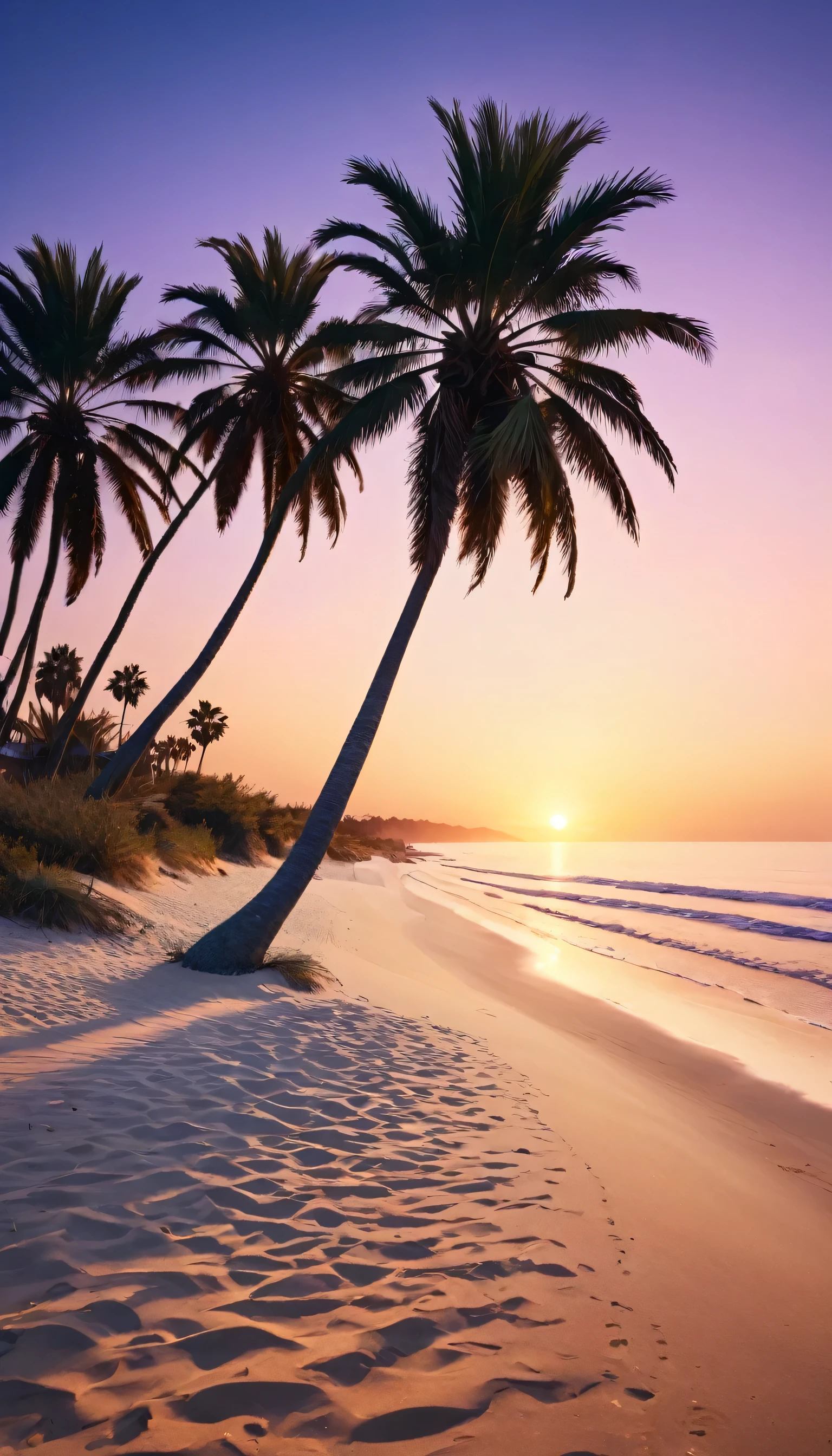 sea coast, palm trees, sand, sunset 8k