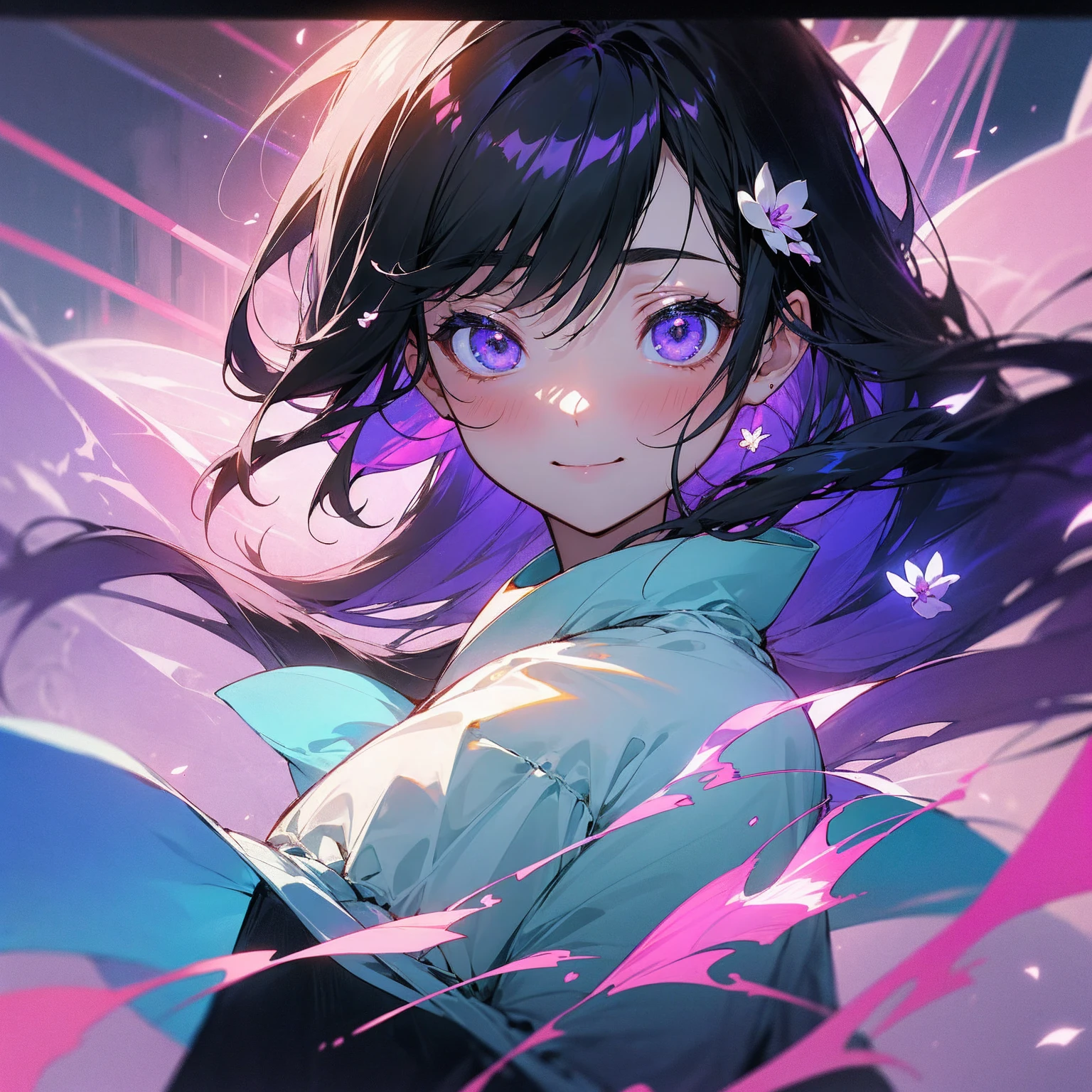(beautifully、aesthetic:1.2)、(1 Girl:1.3)、(black hair:1.2)、Wearing a purple kimono、miracle、happinessそうな笑顔、like、happiness、Great space、Phalaenopsis flower、like情、likeに溢れる空間、