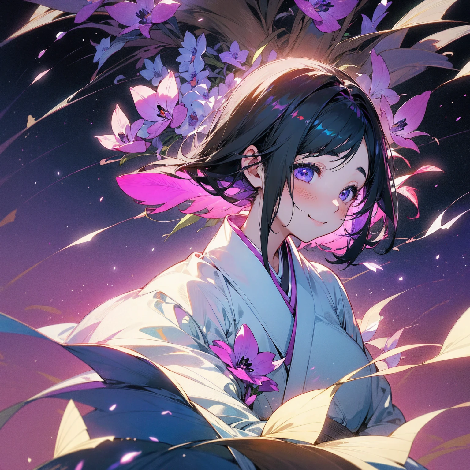 (beautifully、aesthetic:1.2)、(1 Girl:1.3)、(black hair:1.2)、Wearing a purple kimono、miracle、happinessそうな笑顔、like、happiness、Great space、Phalaenopsis flower、like情、likeに溢れる空間、